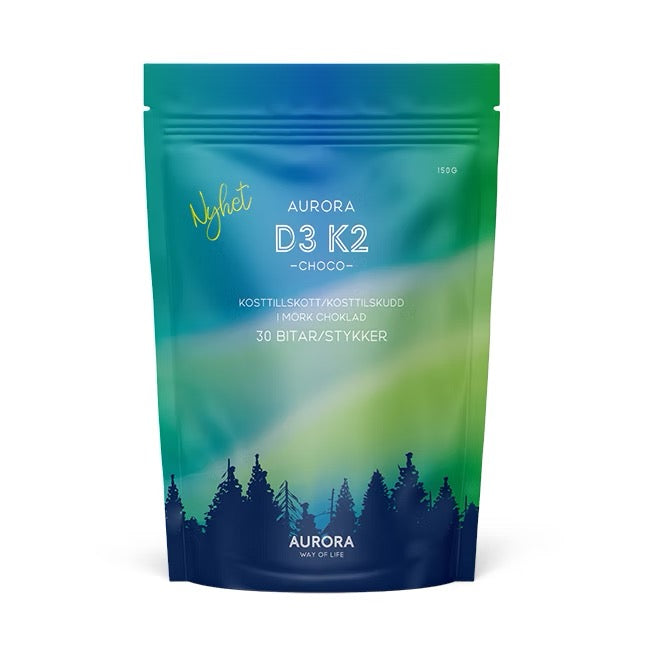 Aurora D3 K2 Choco – chokladbit med vitamin D3 och K2 för benhälsa och immunförsvar, hos Atletic Zone