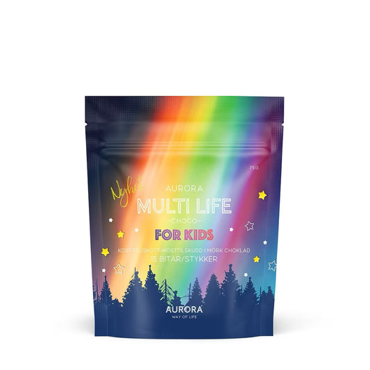 Aurora Multi Life Choco For Kids – chokladbit fylld med vitaminer och probiotika för barns hälsa.