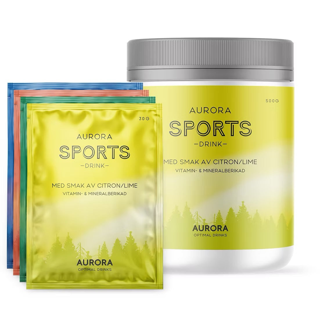 Aurora Sports Drink 500 g Citron & Lime – 1 burk och 4 portionspåsar