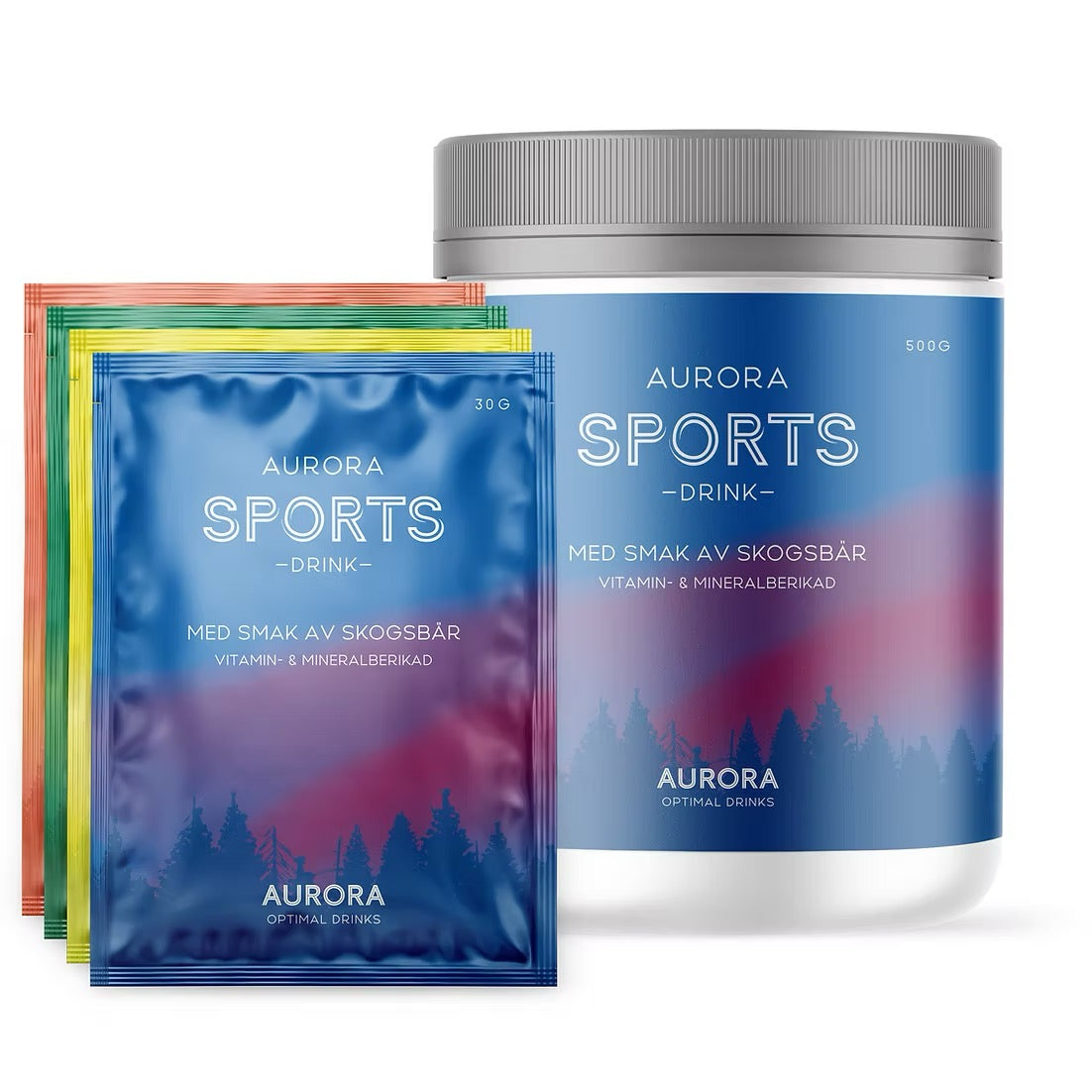 Aurora Sports Drink 500 g Skogsbär – 1 burk och 4 portionspåsar