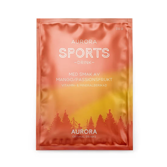 Aurora sportdryck med smak av mango & passionsfrukt i portionspåsar, 16-pack