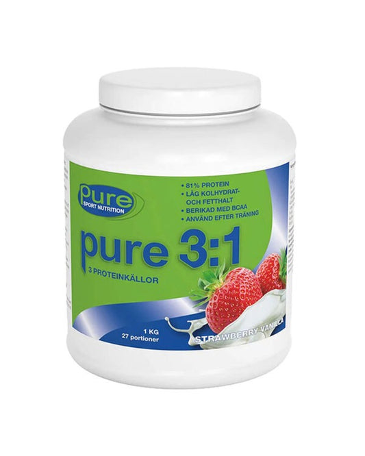 Pure 3:1 Protein 1kg Strawberry & Vanilla – blandprotein för muskeltillväxt och återhämtning