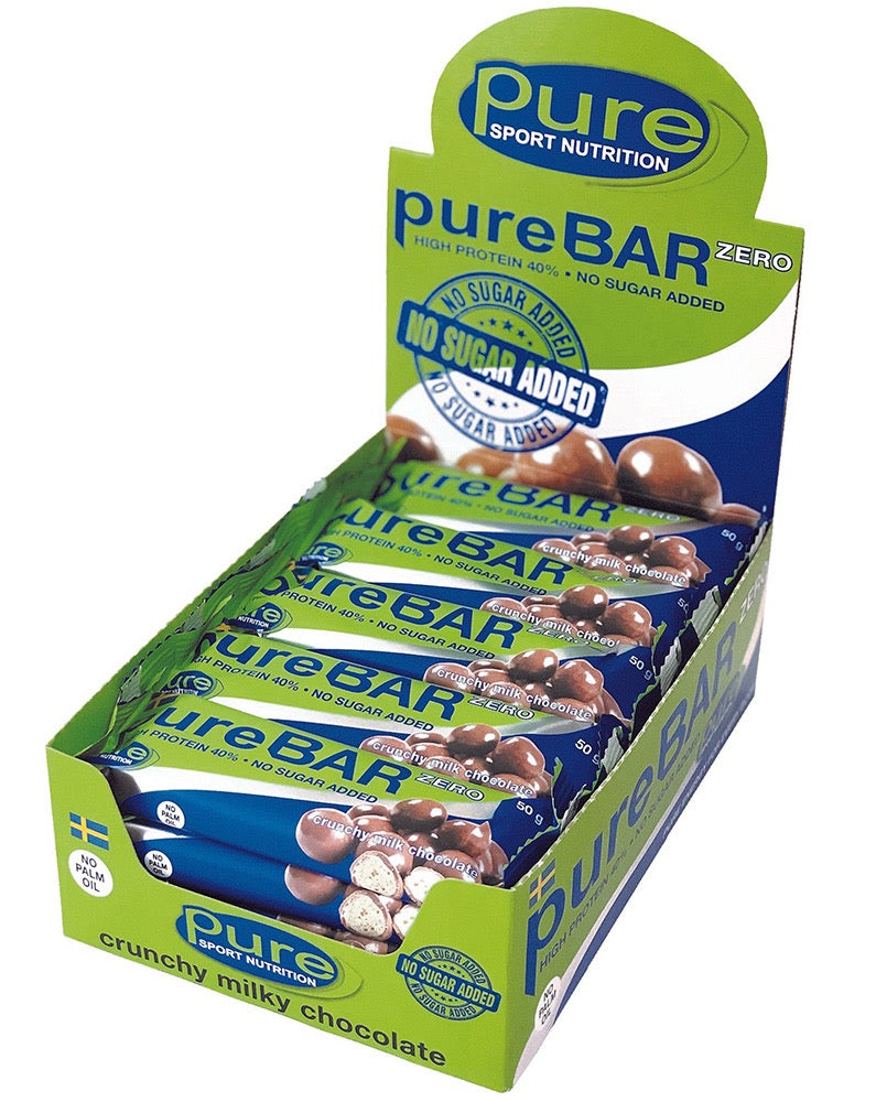 Pure Bar Zero Crunchy Milk Chocolate – sockerfri proteinbar med krispig mjölkchoklad för träning och energi