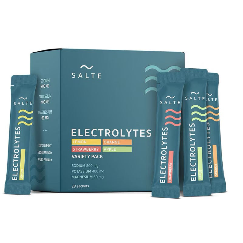 Salte Elektrolyter Mix 28-pack – elektrolytpulver med fyra olika smaker i portionspåsar.